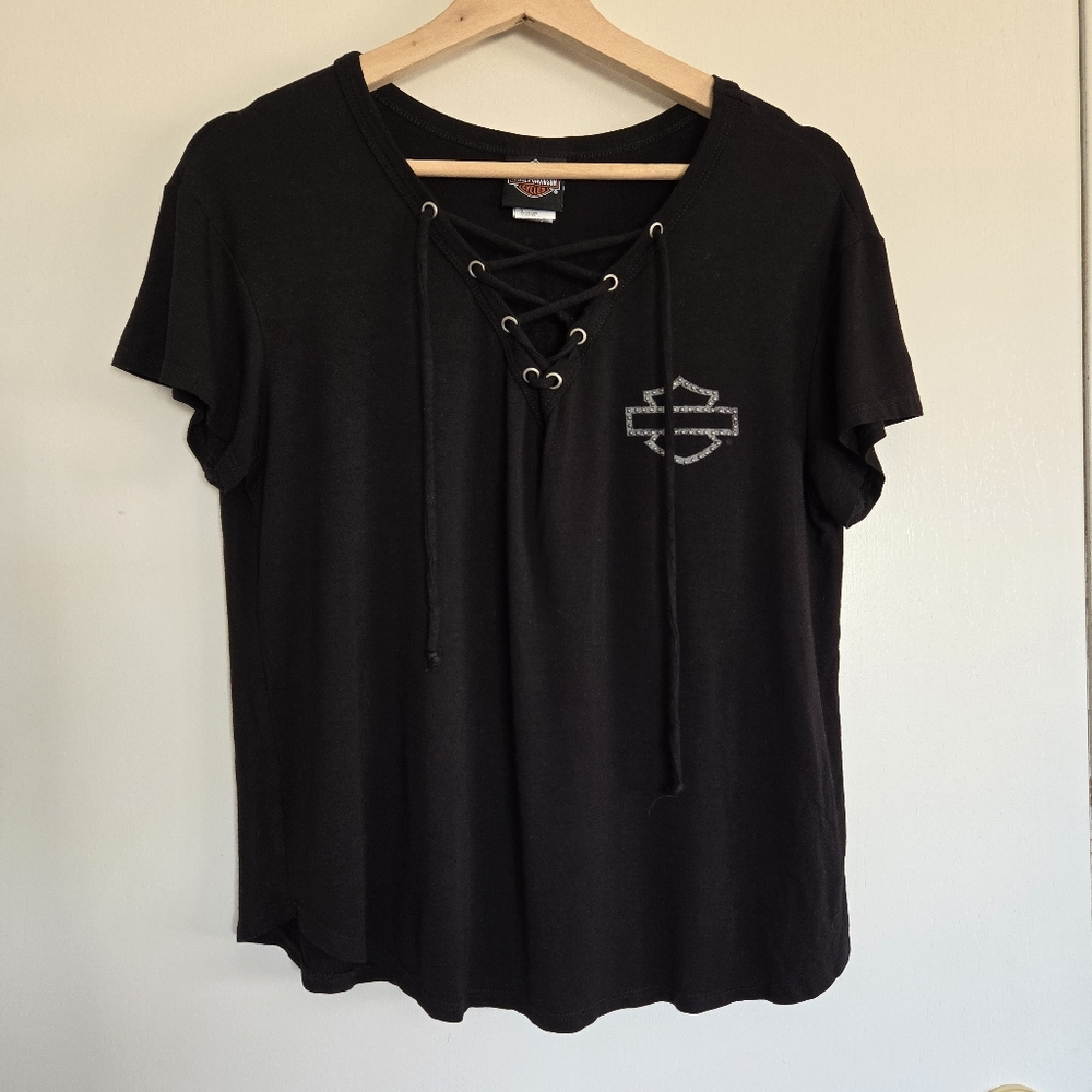 Harley Davidson Black Lace-Up Women L Top